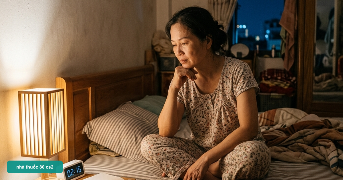 Người trung niên tỉnh giấc lúc 1–3 giờ sáng kiểm tra sổ theo dõi sức khỏe trong phòng ngủ gia đình Việt Nam