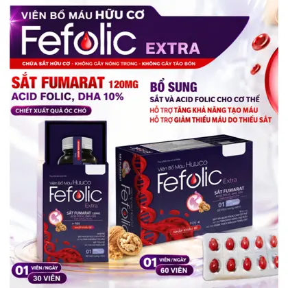 Viên Bổ Máu hữu cơ Fefolic Extra – Sắt Hữu Cơ, Acid Folic, DHA – Giảm Thiếu Máu, Không Táo Bón