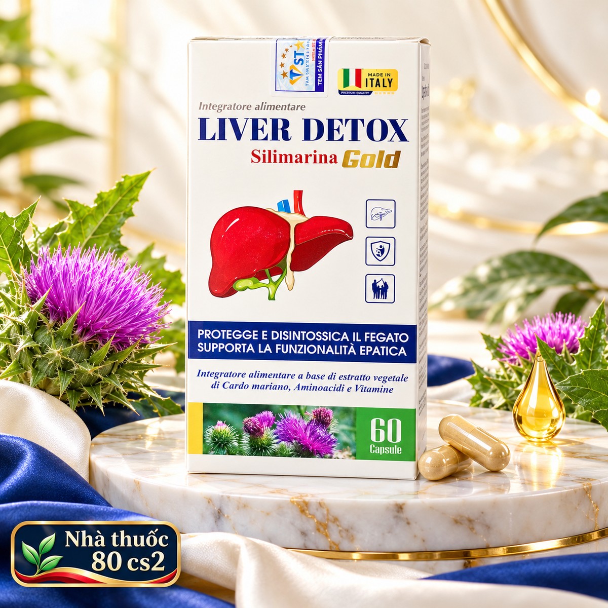Viên Uống Bổ Gan Liver Detox Silimarina Gold Ý (Hộp 60 Viên) - Kế Sữa 70%, L-Arginine, Glutathione, Inositol